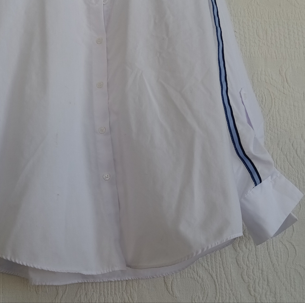 Zara White Button-Up Shirt Navy Stripe Sleeve Detail Oversized Billowy Beach - Picture 4 of 13